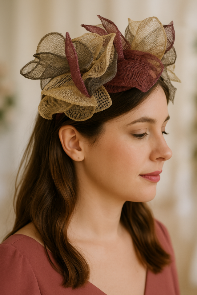 DIADEMA RAFIA FLORES GRIS-LILAS