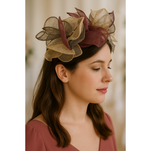 DIADEMA RAFIA FLORES GRIS-LILAS