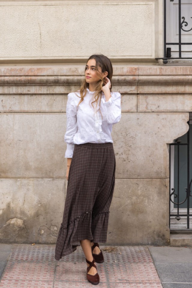 Falda Evasé Tartán Marrón