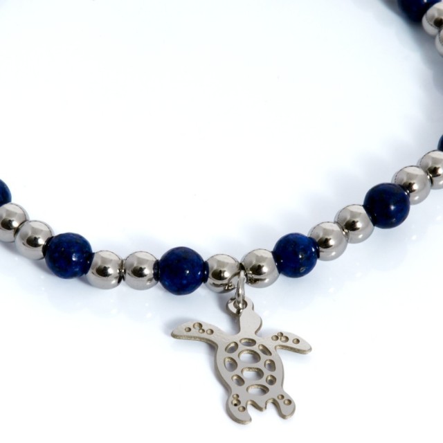 Pulsera bolitas azul intenso plateado tortuga