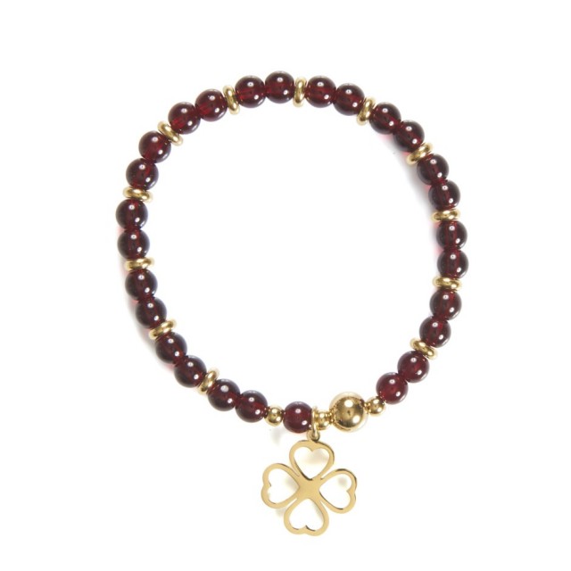 Pulsera bolitas burdeos trébol