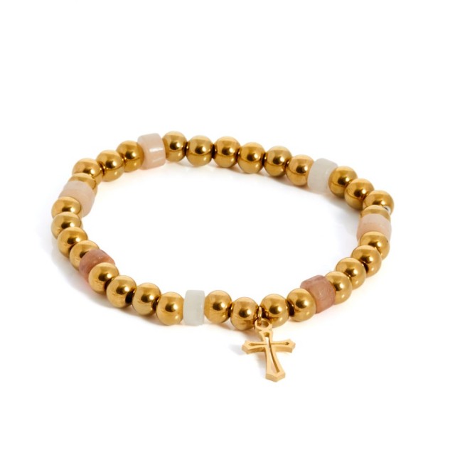 Pulsera bolitas dorado y beige cross
