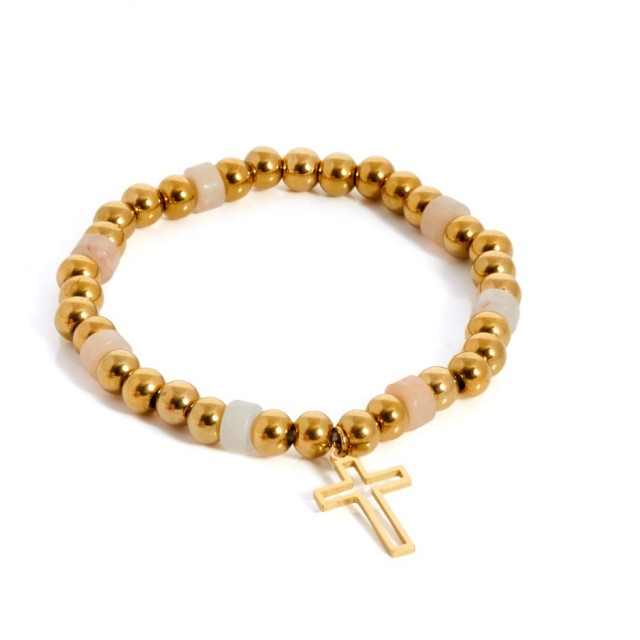 Pulsera bolitas dorado y beige cruz