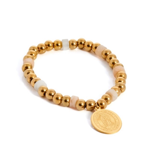 Pulsera bolitas dorado y beige medalla