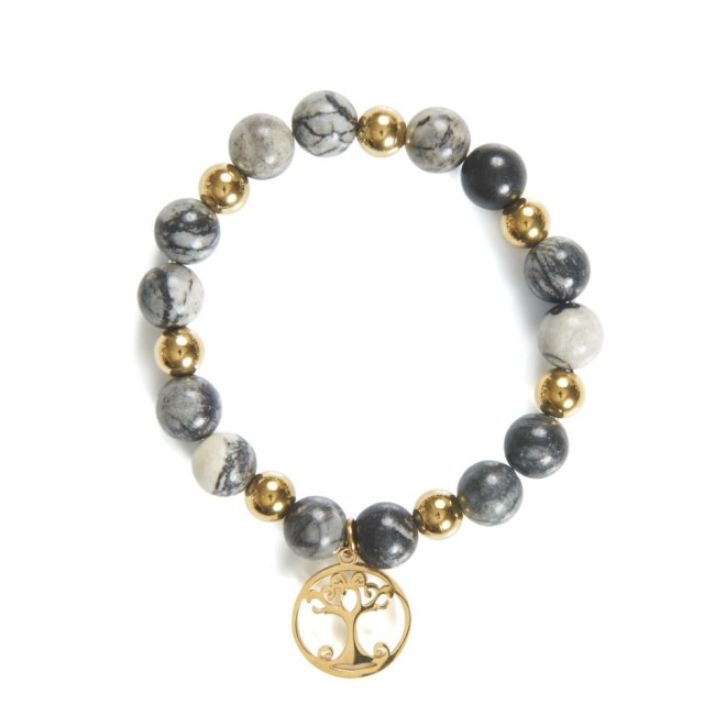 Pulsera bolitas gris charm árbol