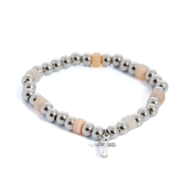 Pulsera bolitas plateado y beige cross