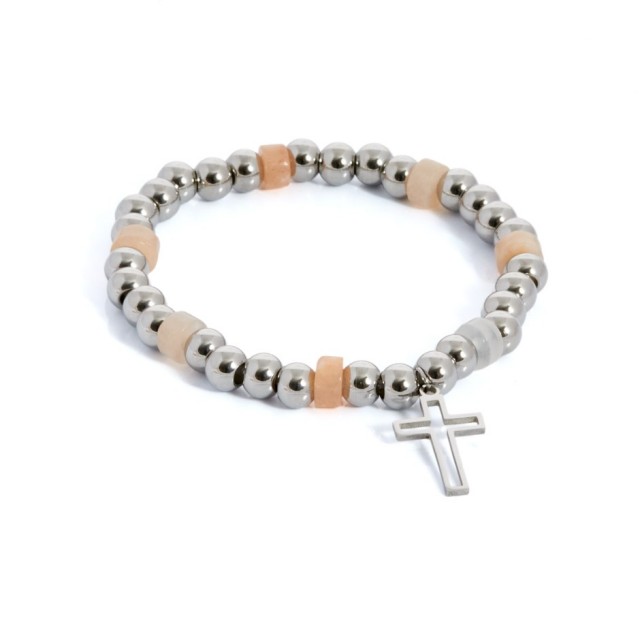 Pulsera bolitas plateado y beige cruz