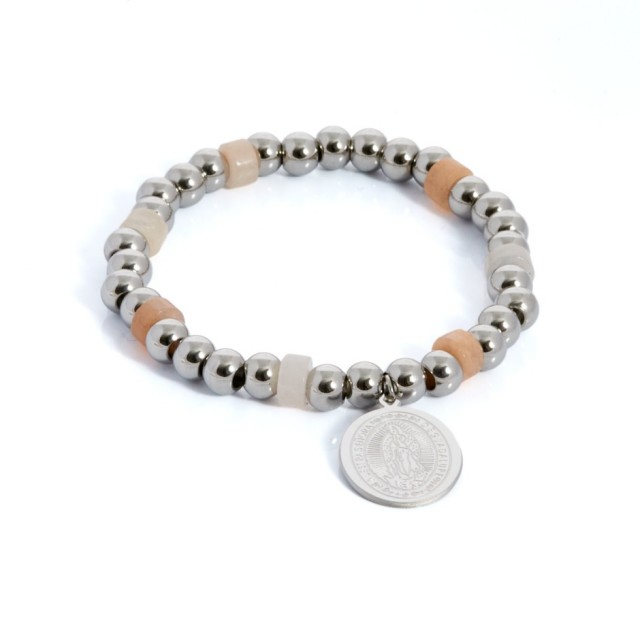 Pulsera bolitas plateado y beige medalla